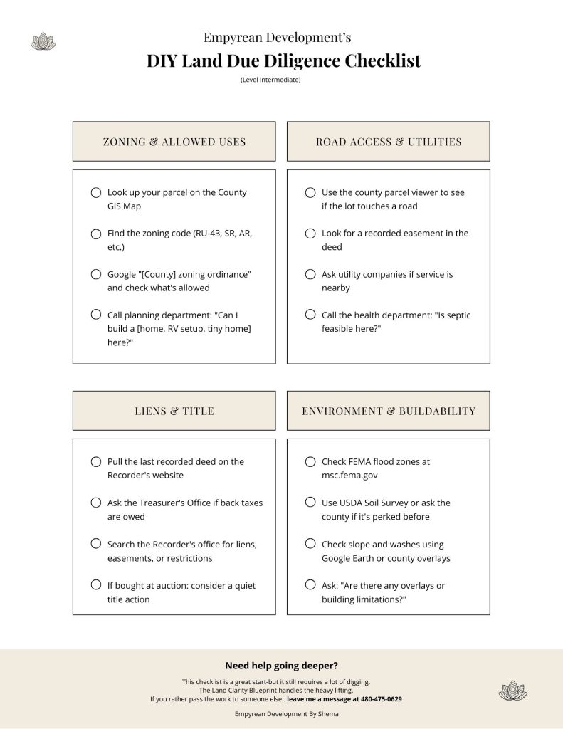 Downloadable Land Due Diligence Checklist for Arizona land buyers – covers zoning, access, title, water, and red flags to watch for. Free PDF guide.